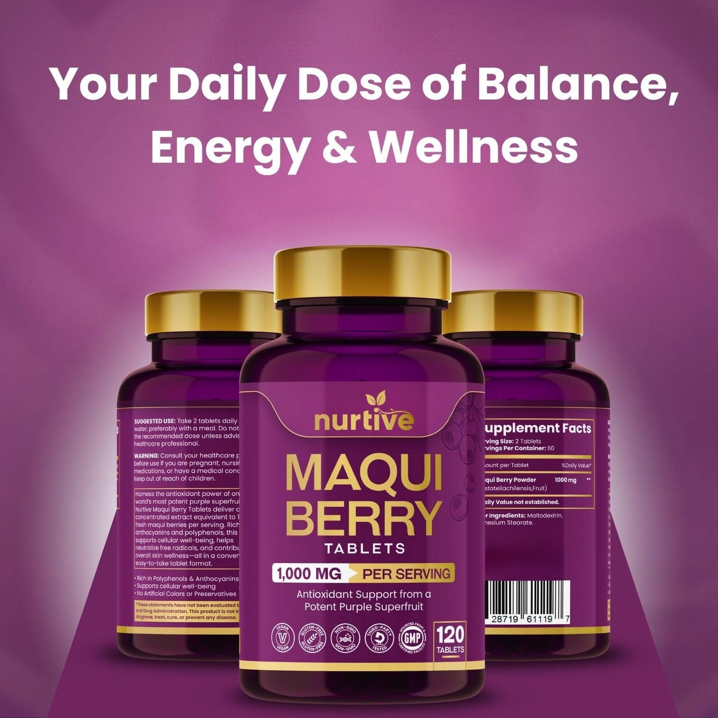 NURTIVE Maqui Berry Tablets - 1000 mg/Serving, 120 Tablets, 10:1 Extract | Vegan & Gluten-Free