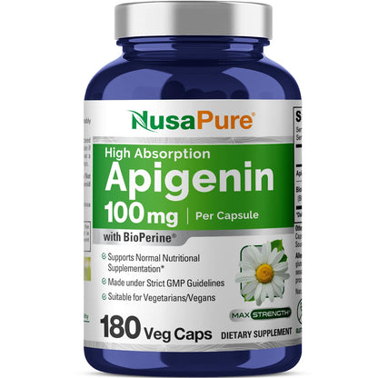 NusaPure Apigenin 100 mg per Capsule 180 Vcaps - Bioperine (Non-GMO, Gluten Free)
