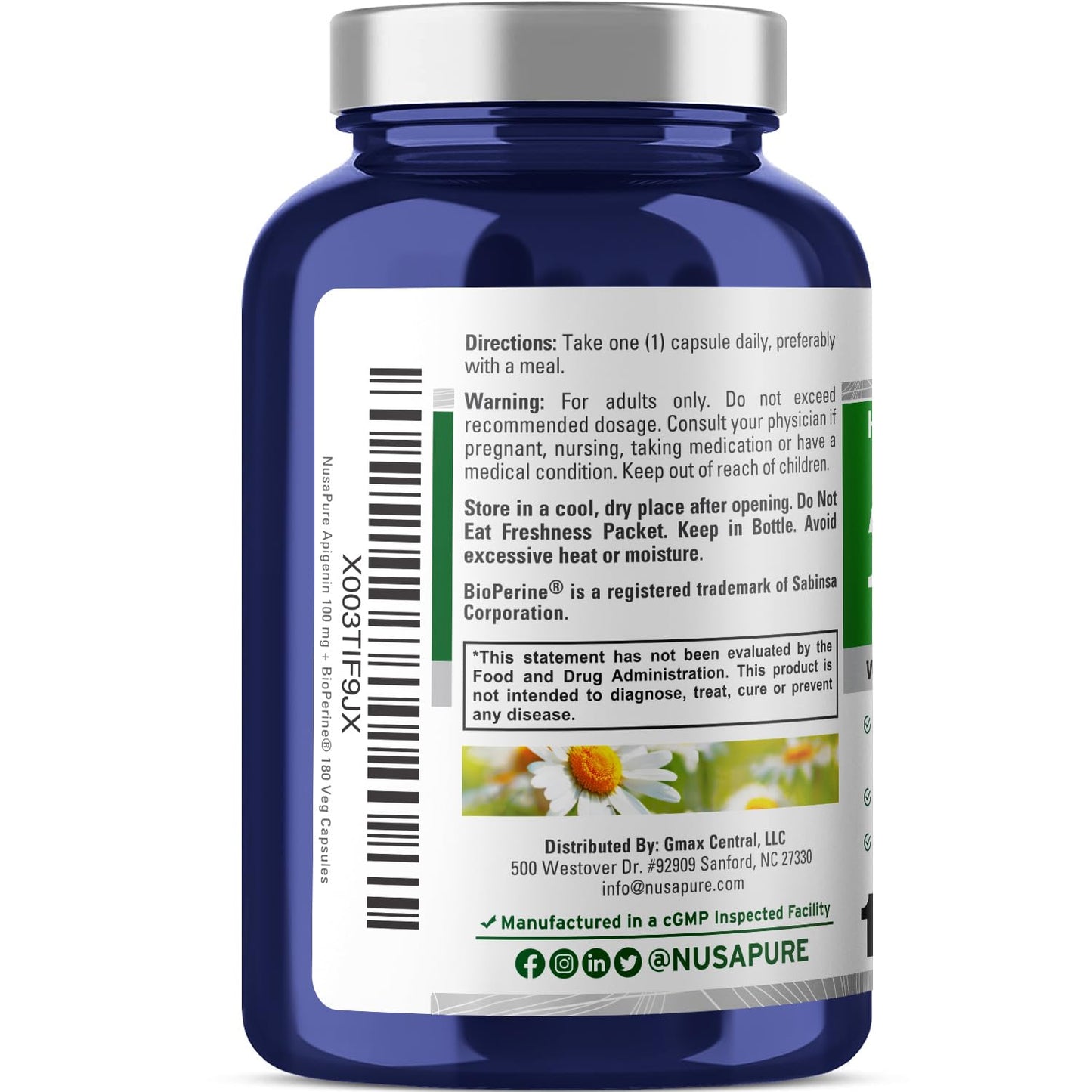 NusaPure Apigenin 100 mg per Capsule 180 Vcaps - Bioperine (Non-GMO, Gluten Free)