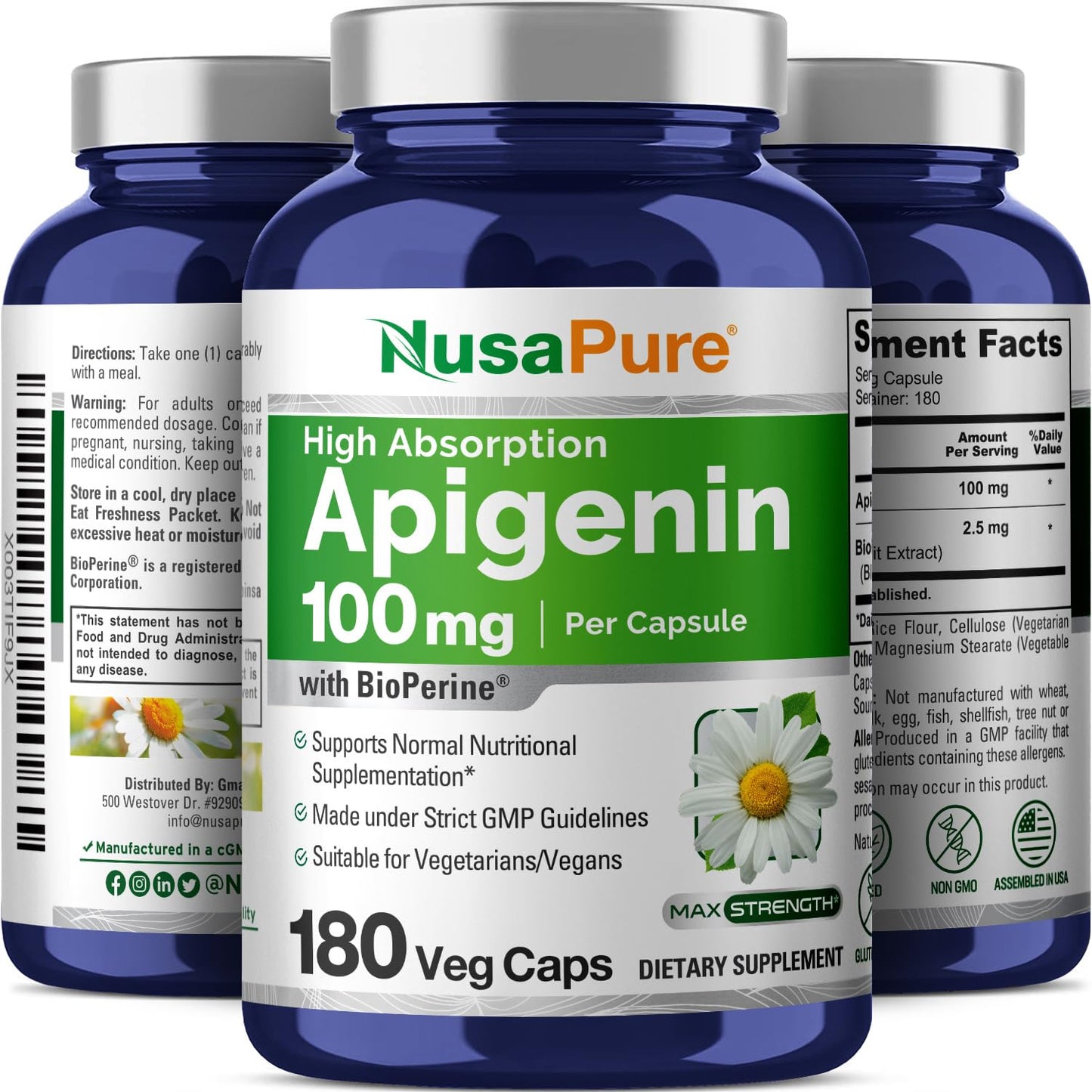 NusaPure Apigenin 100 mg per Capsule 180 Vcaps - Bioperine (Non-GMO, Gluten Free)