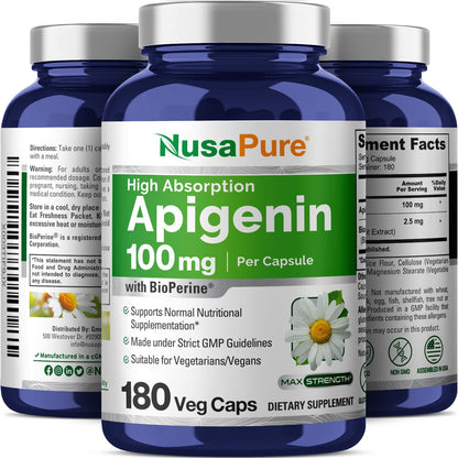 NusaPure Apigenin 100 mg per Capsule 180 Vcaps - Bioperine (Non-GMO, Gluten Free)