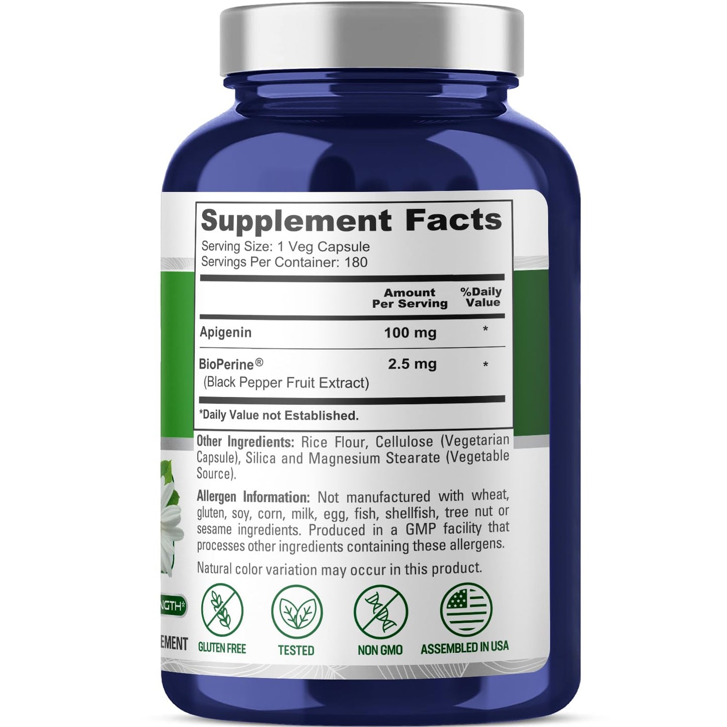 NusaPure Apigenin 100 mg per Capsule 180 Vcaps - Bioperine (Non-GMO, Gluten Free)