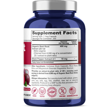 NusaPure Organic Beet Root 20:1 Extract – 400 mg per Capsule, 200 Veggie Caps | Vegan, Non-GMO