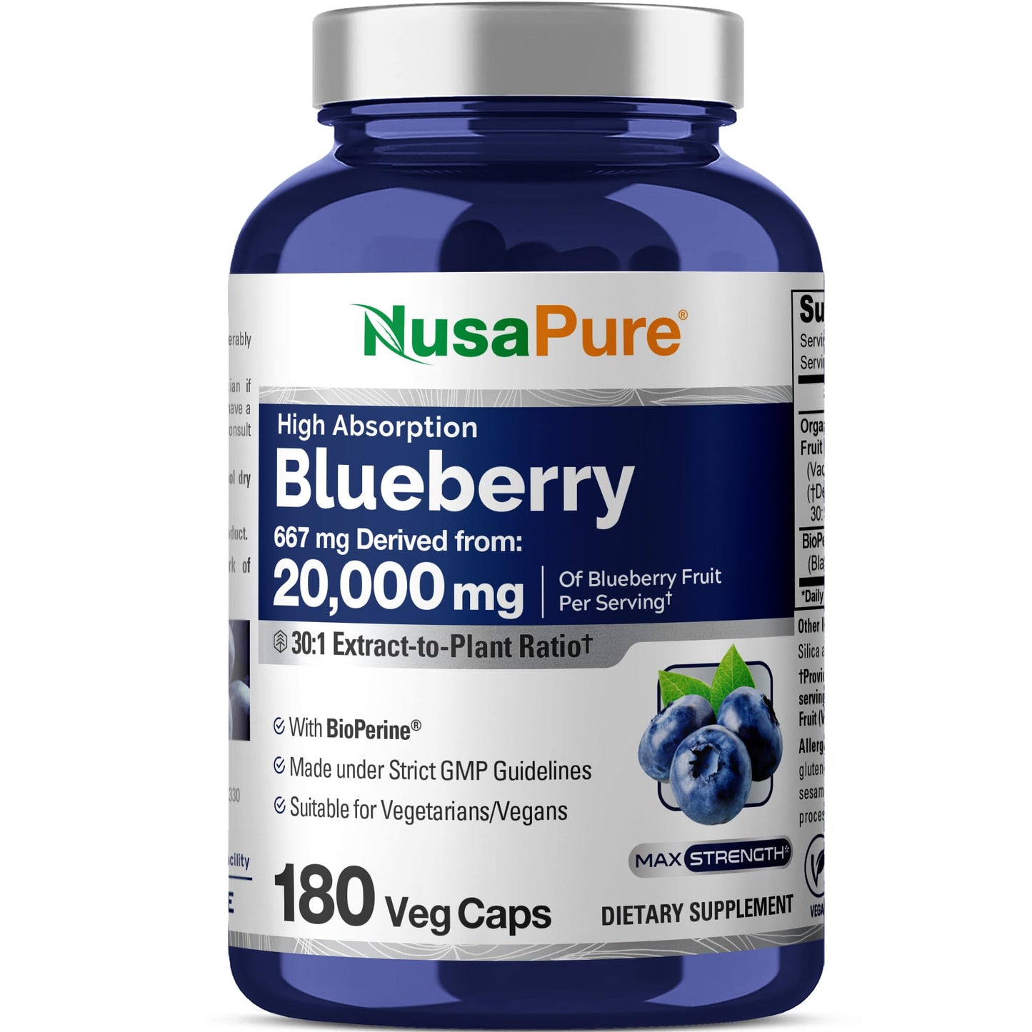NusaPure Blueberry Concentrate 30:1 Extract – 667 mg Equivalent to 20,000 mg, 180 Veg Caps, Vegetarian, Vegan, Non-GMO