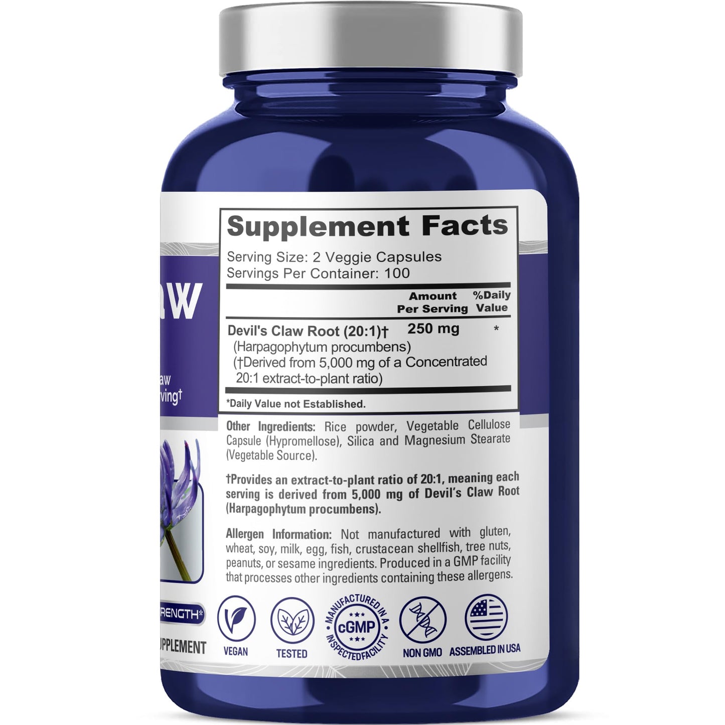 NusaPure Devil's Claw 20:1 Extract – 250 mg (5000 mg equiv) | 200 Veggie Caps | Vegan