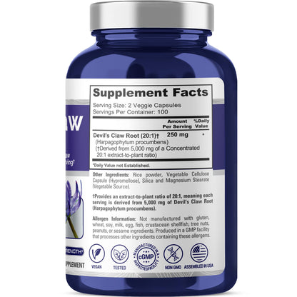 NusaPure Devil's Claw 20:1 Extract – 250 mg (5000 mg equiv) | 200 Veggie Caps | Vegan