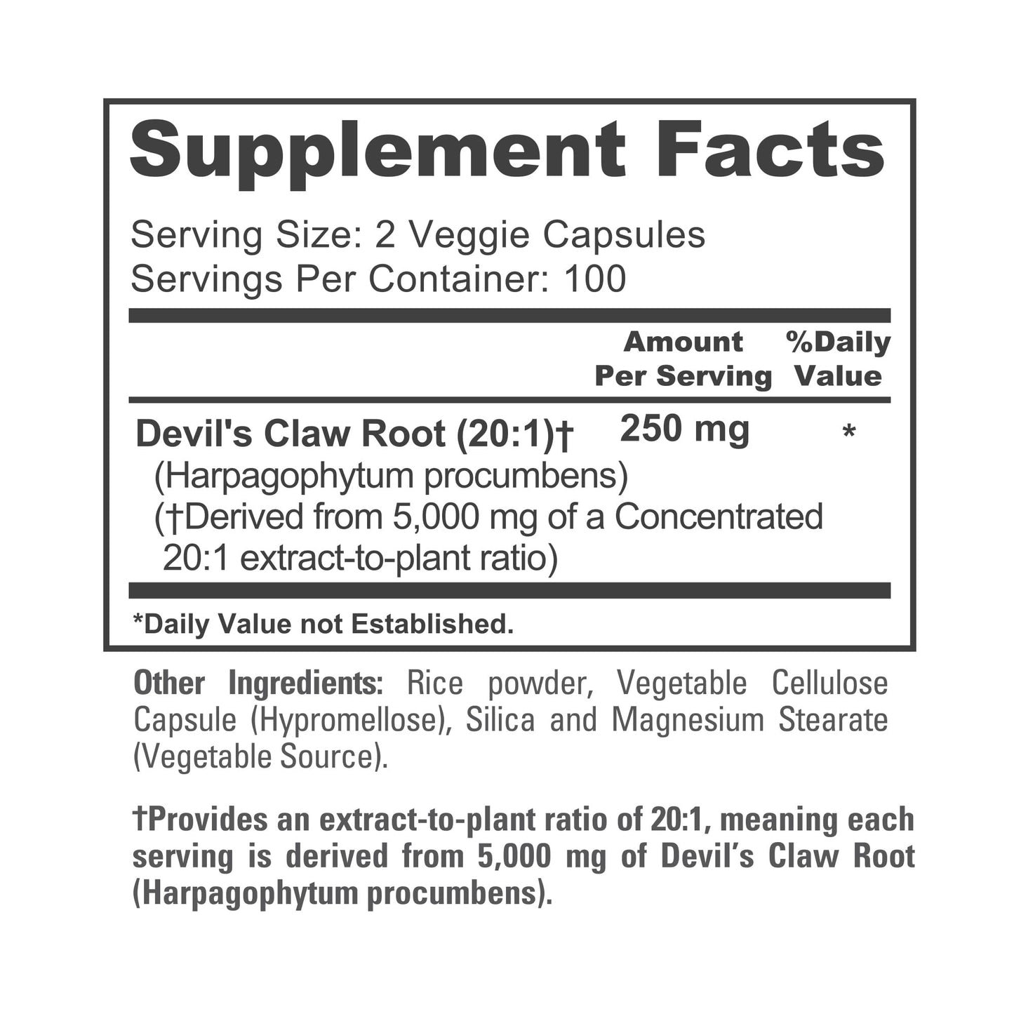 NusaPure Devil's Claw 20:1 Extract – 250 mg (5000 mg equiv) | 200 Veggie Caps | Vegan