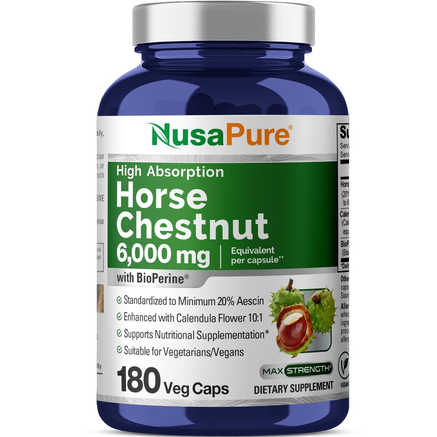 NusaPure Horse Chestnut 20:1 Extract – 180 Veggie Caps, Vegan, Non-GMO