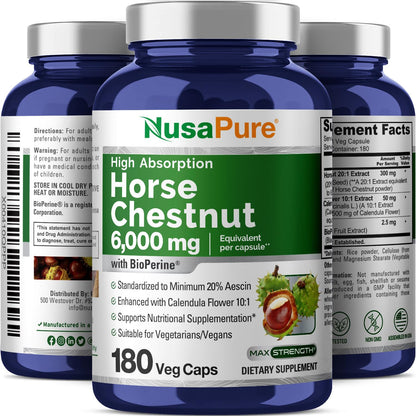 NusaPure Horse Chestnut 20:1 Extract – 180 Veggie Caps, Vegan, Non-GMO