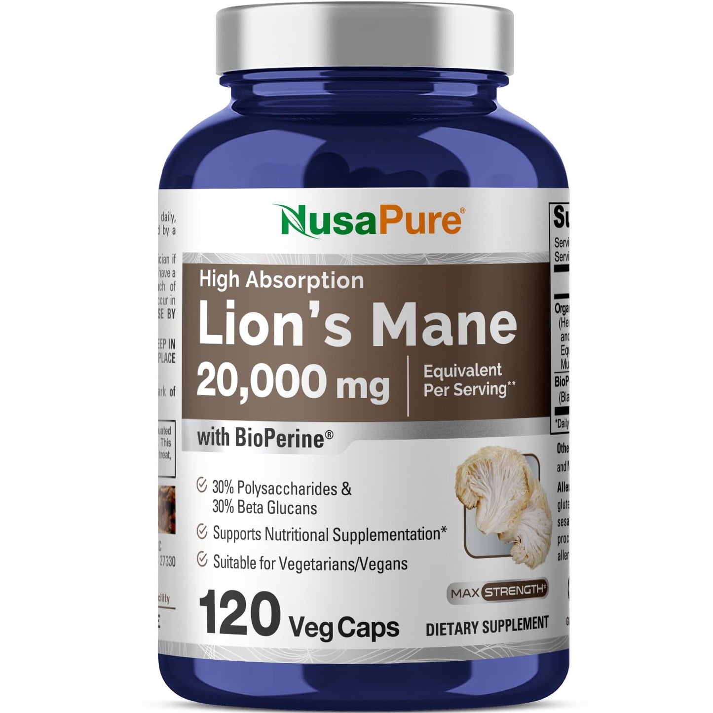 NusaPure Lion's Mane 20:1 Extract - 120 Veggie Caps | Organic, Gluten Free
