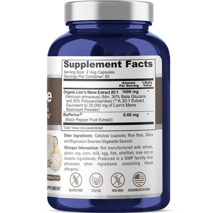 NusaPure Lion's Mane 20:1 Extract - 120 Veggie Caps | Organic, Gluten Free
