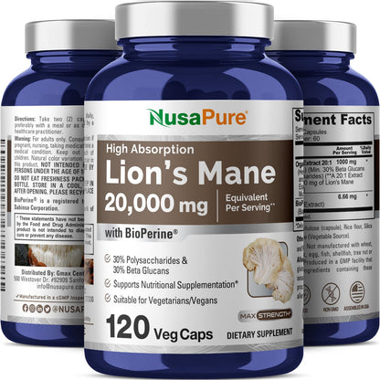 NusaPure Lion's Mane 20:1 Extract - 120 Veggie Caps | Organic, Gluten Free