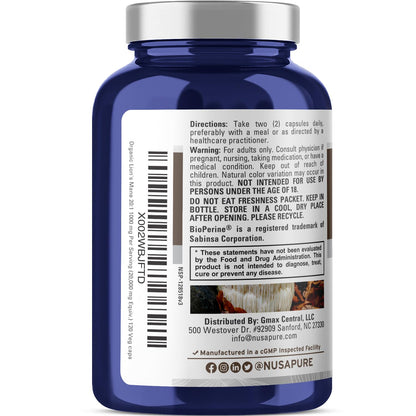 NusaPure Lion's Mane 20:1 Extract - 120 Veggie Caps | Organic, Gluten Free