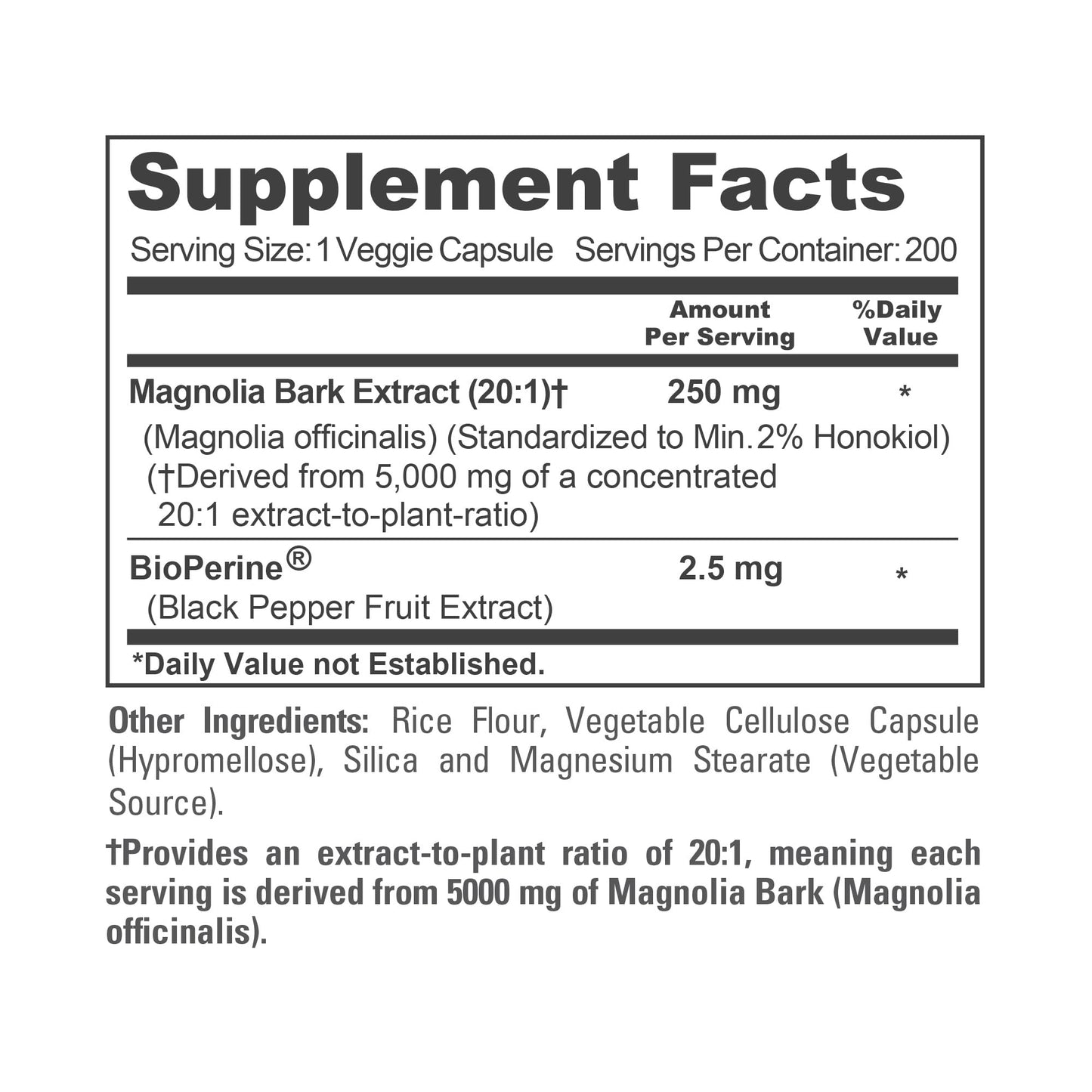 NusaPure Magnolia Bark 20:1 Extract – 250 mg Capsule, 200 Vegan, Non-GMO