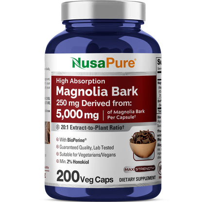 NusaPure Magnolia Bark 20:1 Extract – 250 mg Capsule, 200 Vegan, Non-GMO