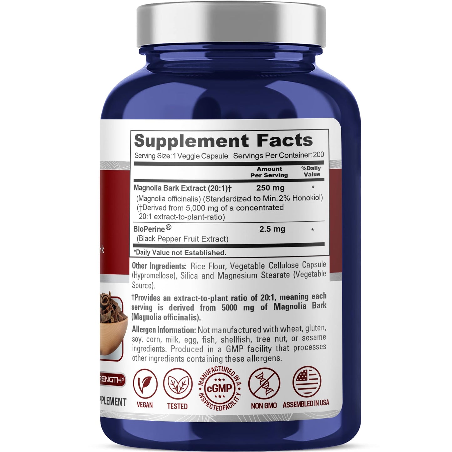 NusaPure Magnolia Bark 20:1 Extract – 250 mg Capsule, 200 Vegan, Non-GMO