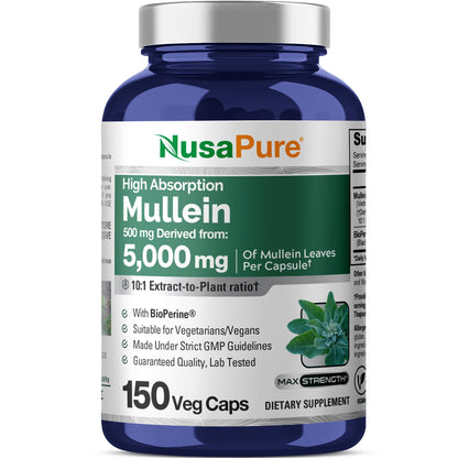 NusaPure Mullein Leaf Capsules 10:1 Extract - 150 Count | 500 mg per Capsule | Vegan, Non-GMO