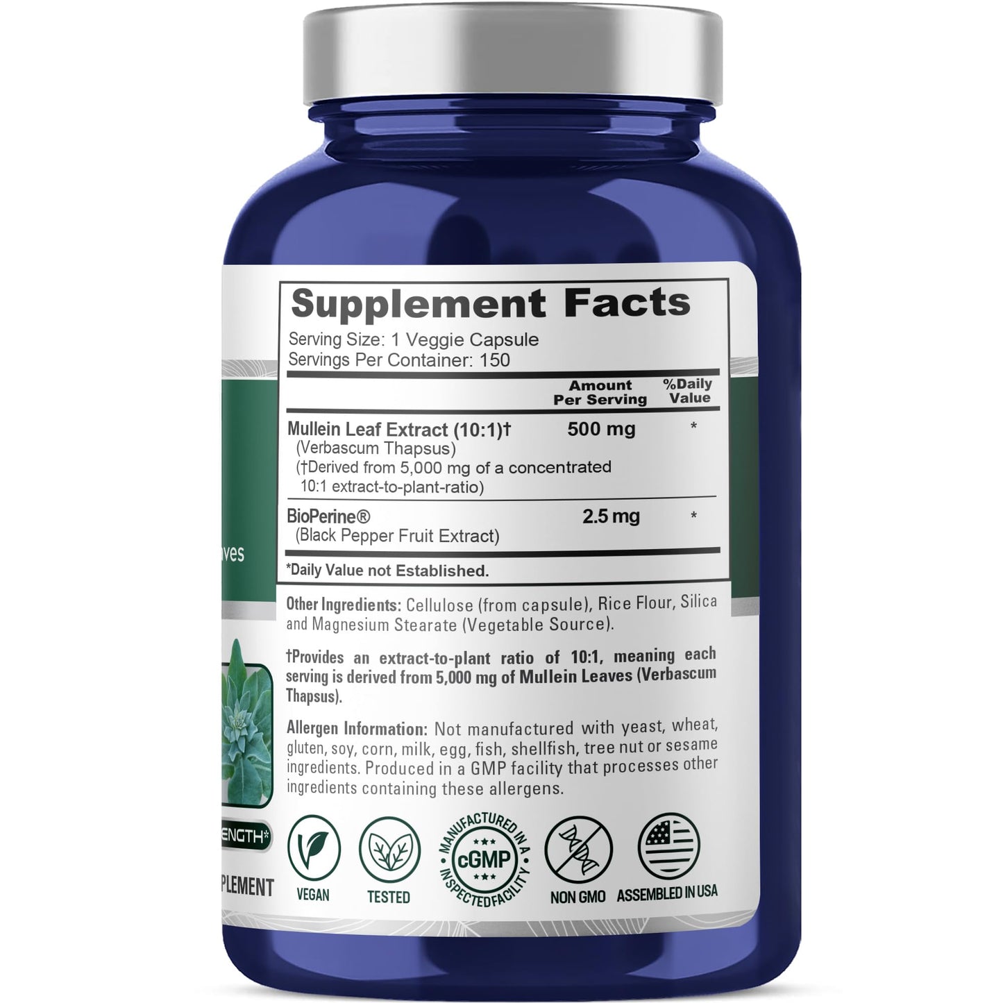 NusaPure Mullein Leaf Capsules 10:1 Extract - 150 Count | 500 mg per Capsule | Vegan, Non-GMO