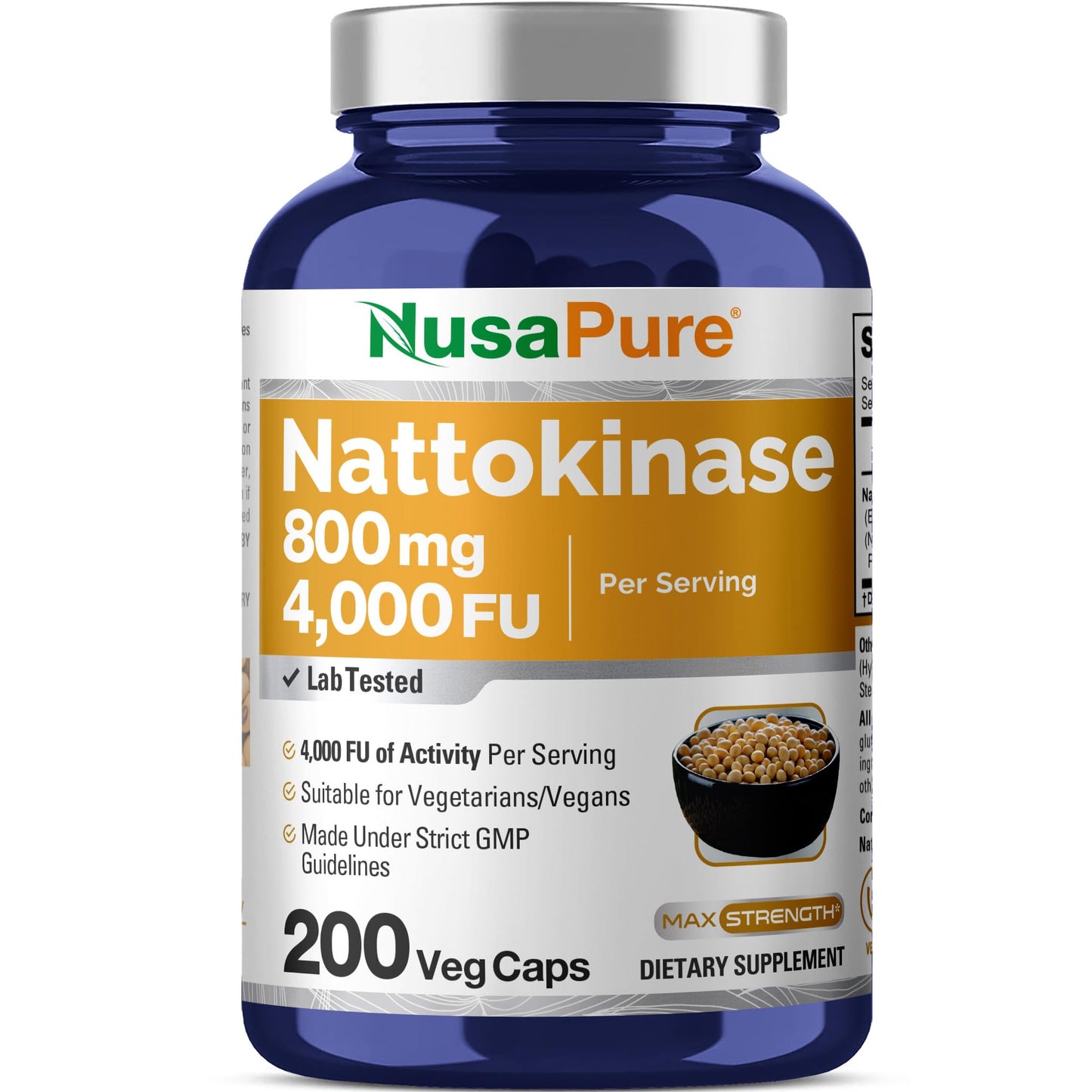 NusaPure Nattokinase 4000 FU - 800 mg, 200 Veggie Caps (Vegan, Non-GMO)