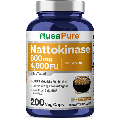 NusaPure Nattokinase 4000 FU - 800 mg, 200 Veggie Caps (Vegan, Non-GMO)
