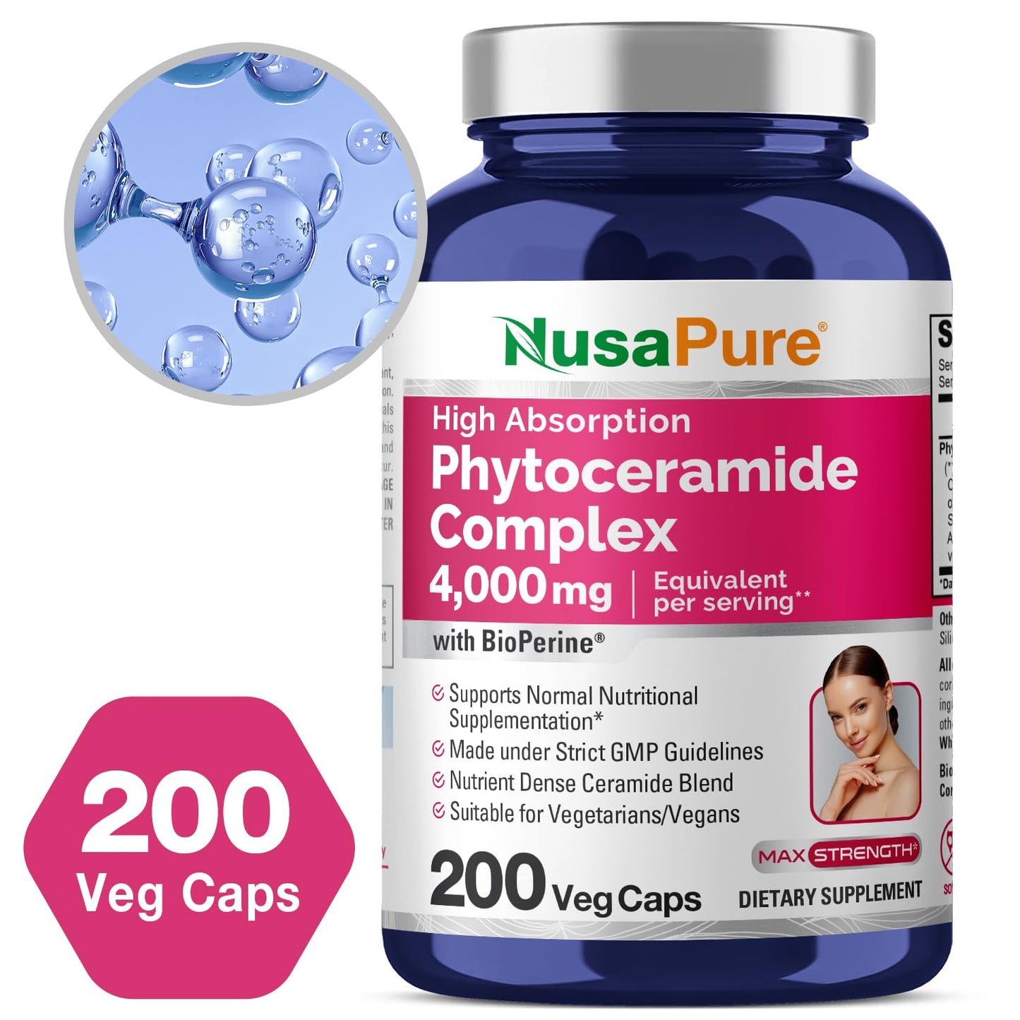 NusaPure Phytoceramide Complex 10:1 Extract – 1030 mg (4000 mg Equivalent) 200 Veggie Capsules, Non-GMO, Bioperine