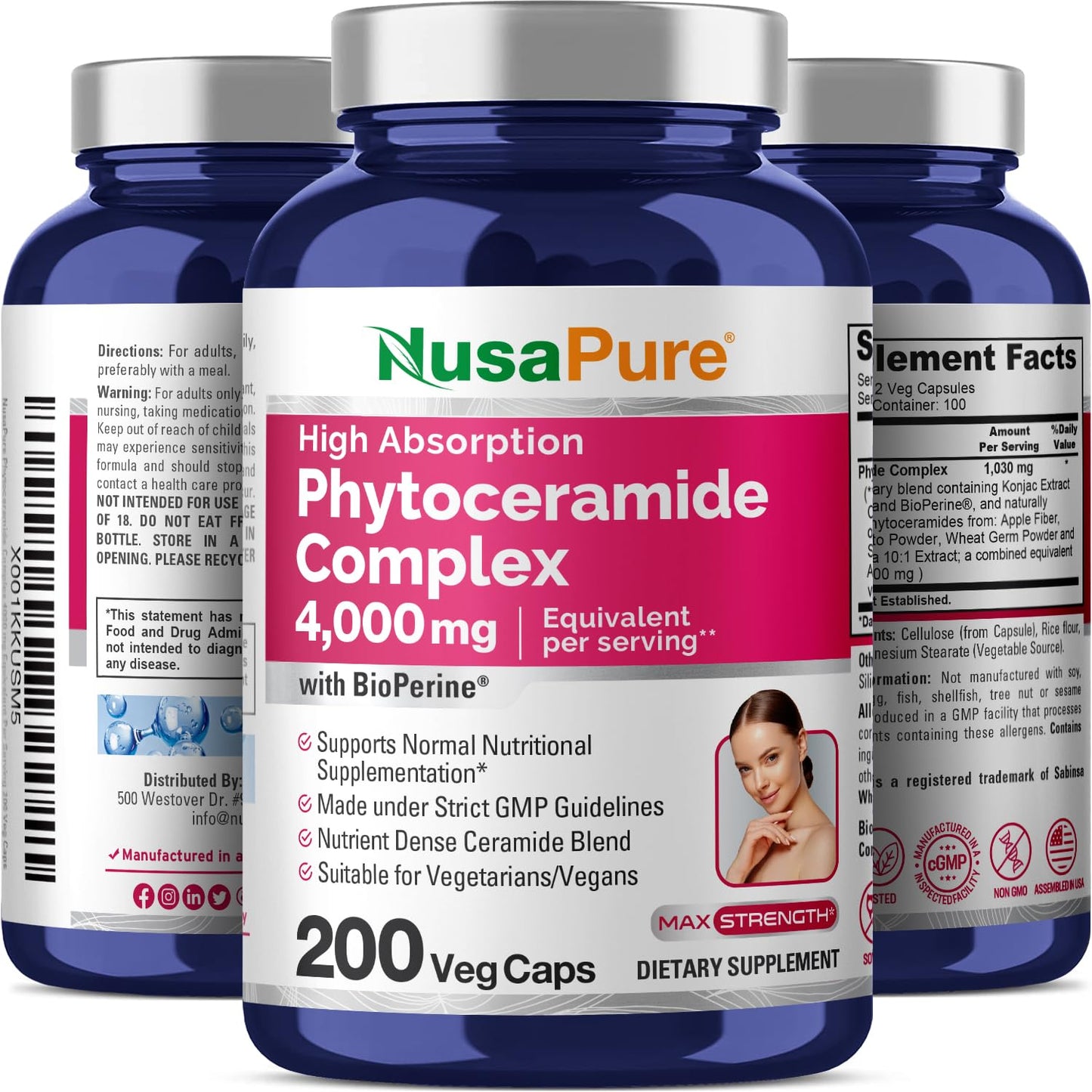 NusaPure Phytoceramide Complex 10:1 Extract – 1030 mg (4000 mg Equivalent) 200 Veggie Capsules, Non-GMO, Bioperine