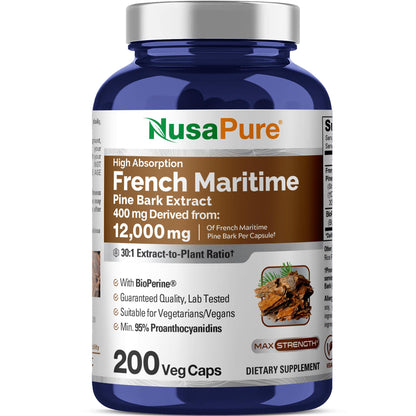 NusaPure French Maritime Pine Bark 30:1 Extract – 400 mg, 12,000 mg Equiv, Bioperine, Vegan