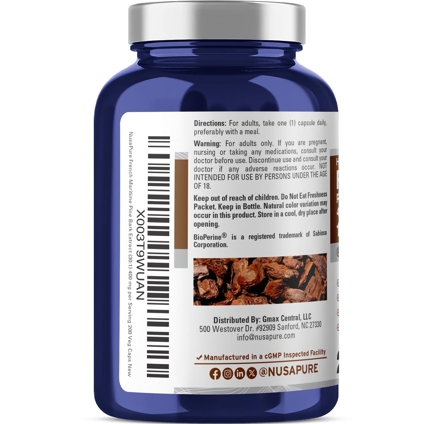 NusaPure French Maritime Pine Bark 30:1 Extract – 400 mg, 12,000 mg Equiv, Bioperine, Vegan