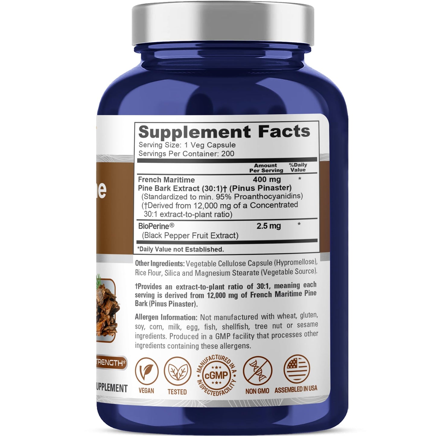 NusaPure French Maritime Pine Bark 30:1 Extract – 400 mg, 12,000 mg Equiv, Bioperine, Vegan