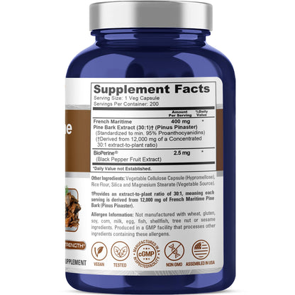 NusaPure French Maritime Pine Bark 30:1 Extract – 400 mg, 12,000 mg Equiv, Bioperine, Vegan