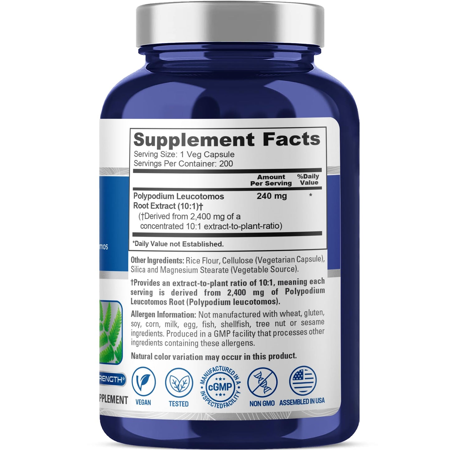 NusaPure Polypodium Leucotomos 10:1 Extract - 240 mg per Capsule | 200 Veggie Capsules (2400 mg)
