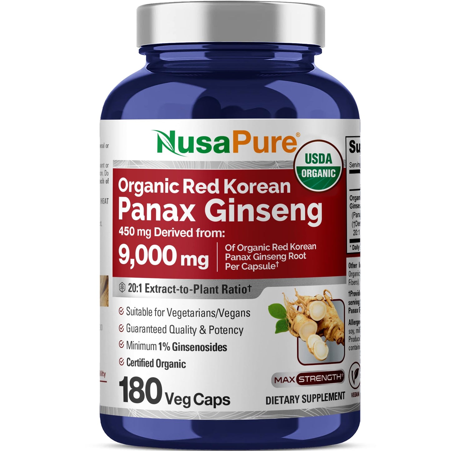 NusaPure Red Korean Panax Ginseng 20:1 Extract - 180 Veggie Caps (450 mg, 9,000 mg Root Equivalent)