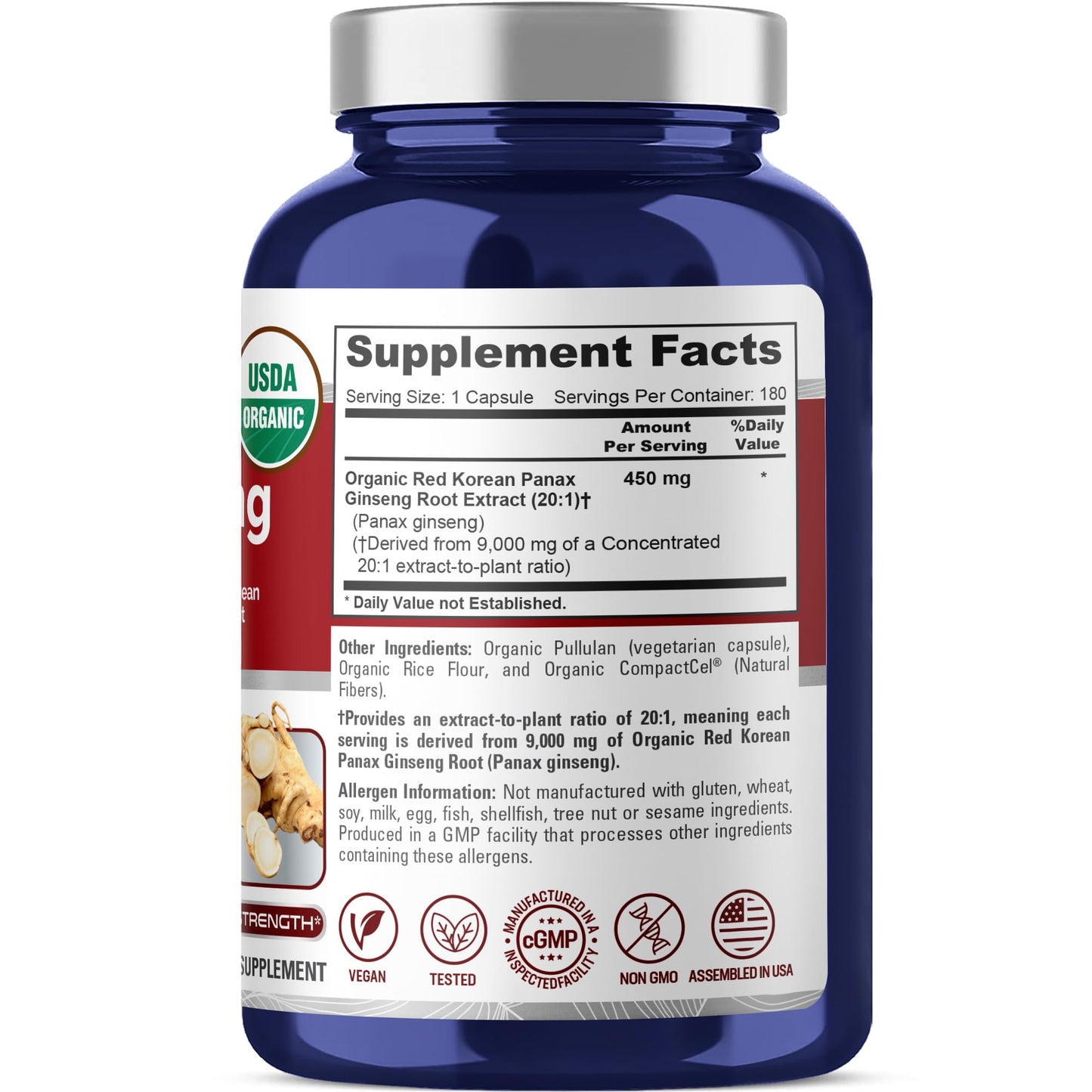 NusaPure Red Korean Panax Ginseng 20:1 Extract - 180 Veggie Caps (450 mg, 9,000 mg Root Equivalent)