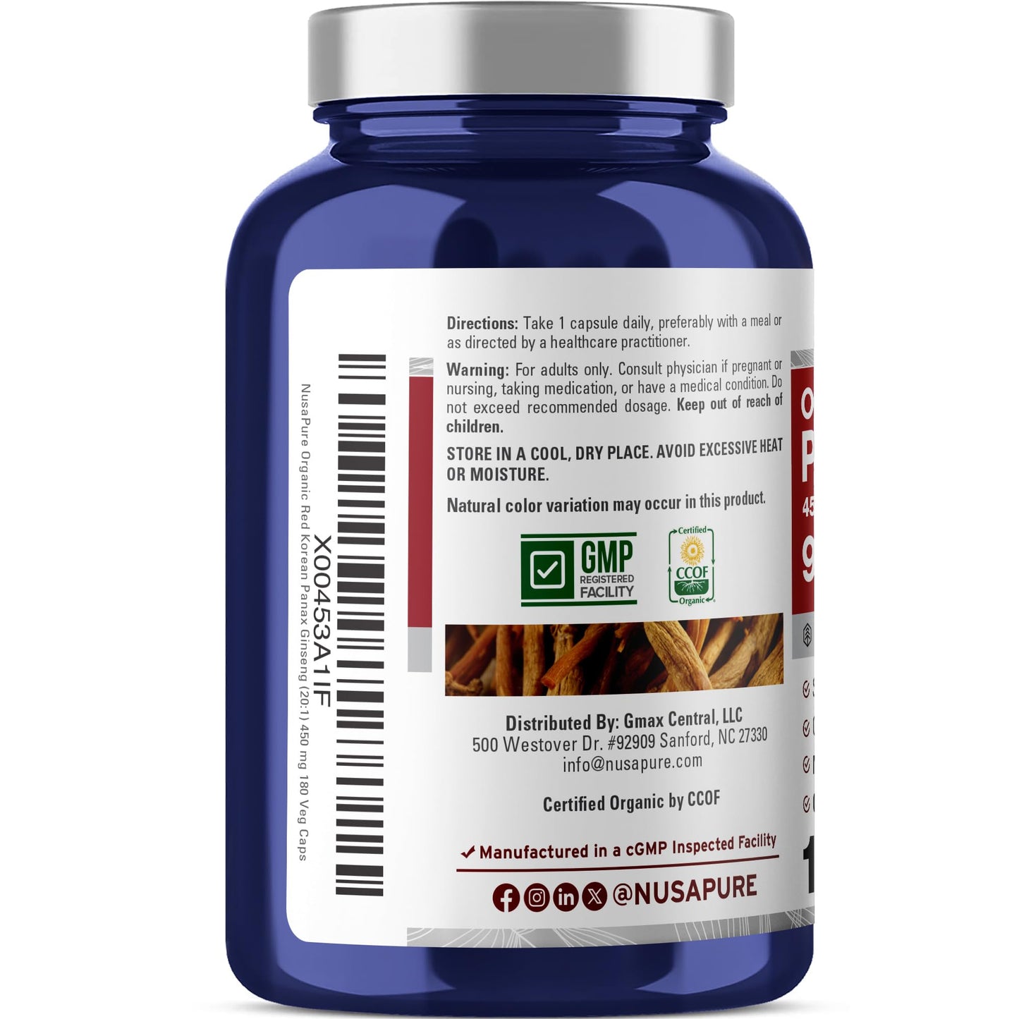 NusaPure Red Korean Panax Ginseng 20:1 Extract - 180 Veggie Caps (450 mg, 9,000 mg Root Equivalent)