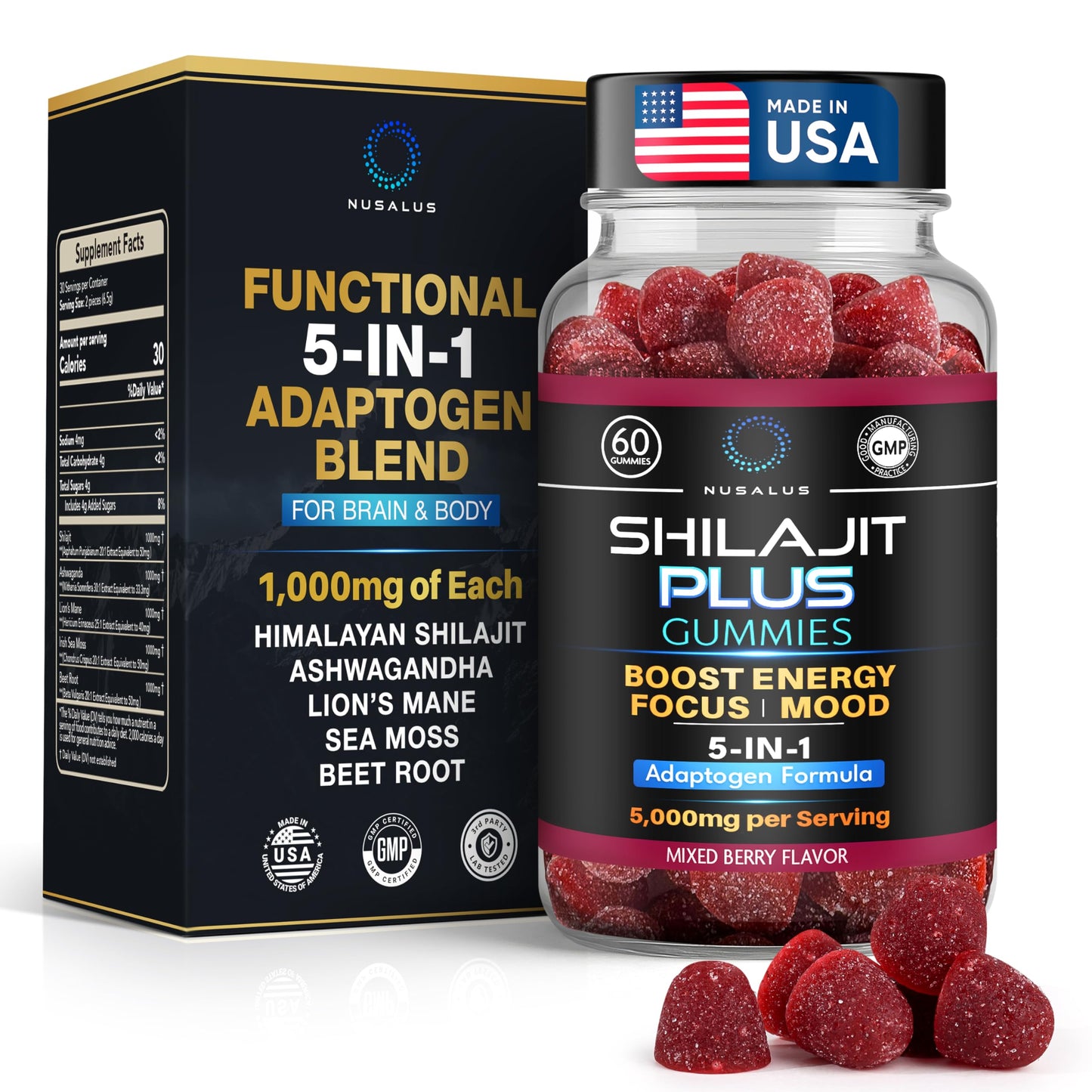 Nusalus Shilajit Plus Gummies – 5-in-1 Adaptogen Energy & Focus (Vegan, Made in USA)