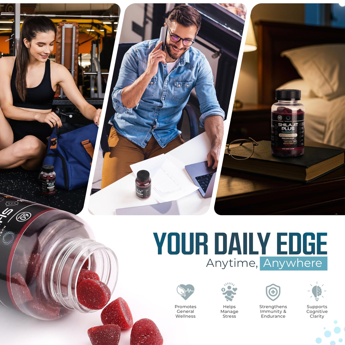 Nusalus Shilajit Plus Gummies – 5-in-1 Adaptogen Energy & Focus (Vegan, Made in USA)