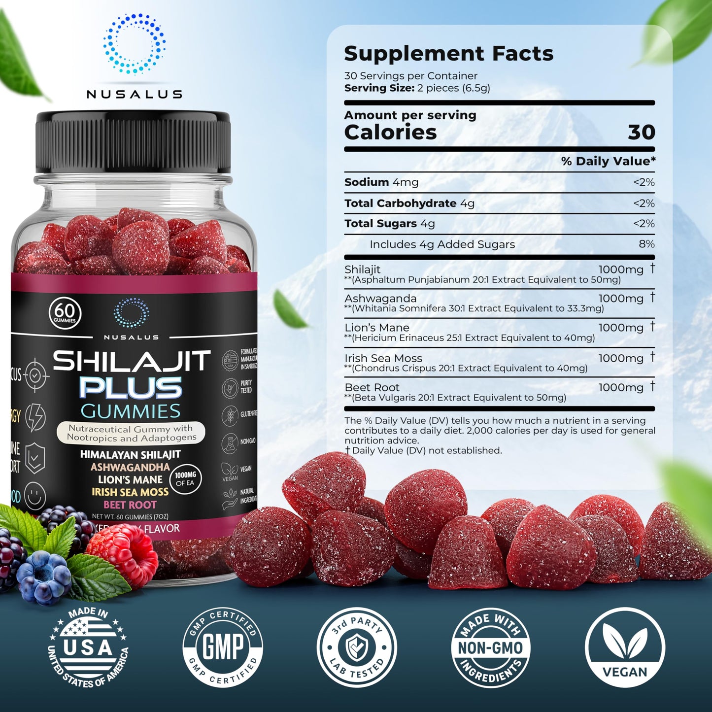 Nusalus Shilajit Plus Gummies – 5-in-1 Adaptogen Energy & Focus (Vegan, Made in USA)