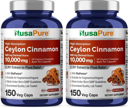 NusaPure Ceylon Cinnamon 20:1 Extract — 500 mg per Capsule | 150 Veggie Caps | Pack of 2 BritishVita | Premium UK Vitamins & Wellness Supplements