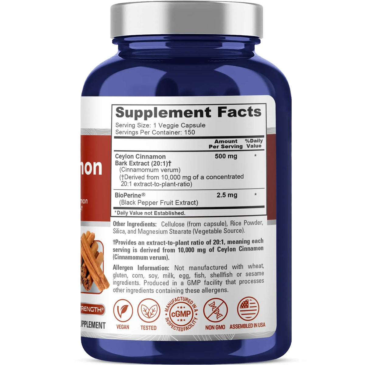 NusaPure Ceylon Cinnamon 20:1 Extract — 500 mg per Capsule | 150 Veggie Caps | Pack of 2 BritishVita | Premium UK Vitamins & Wellness Supplements