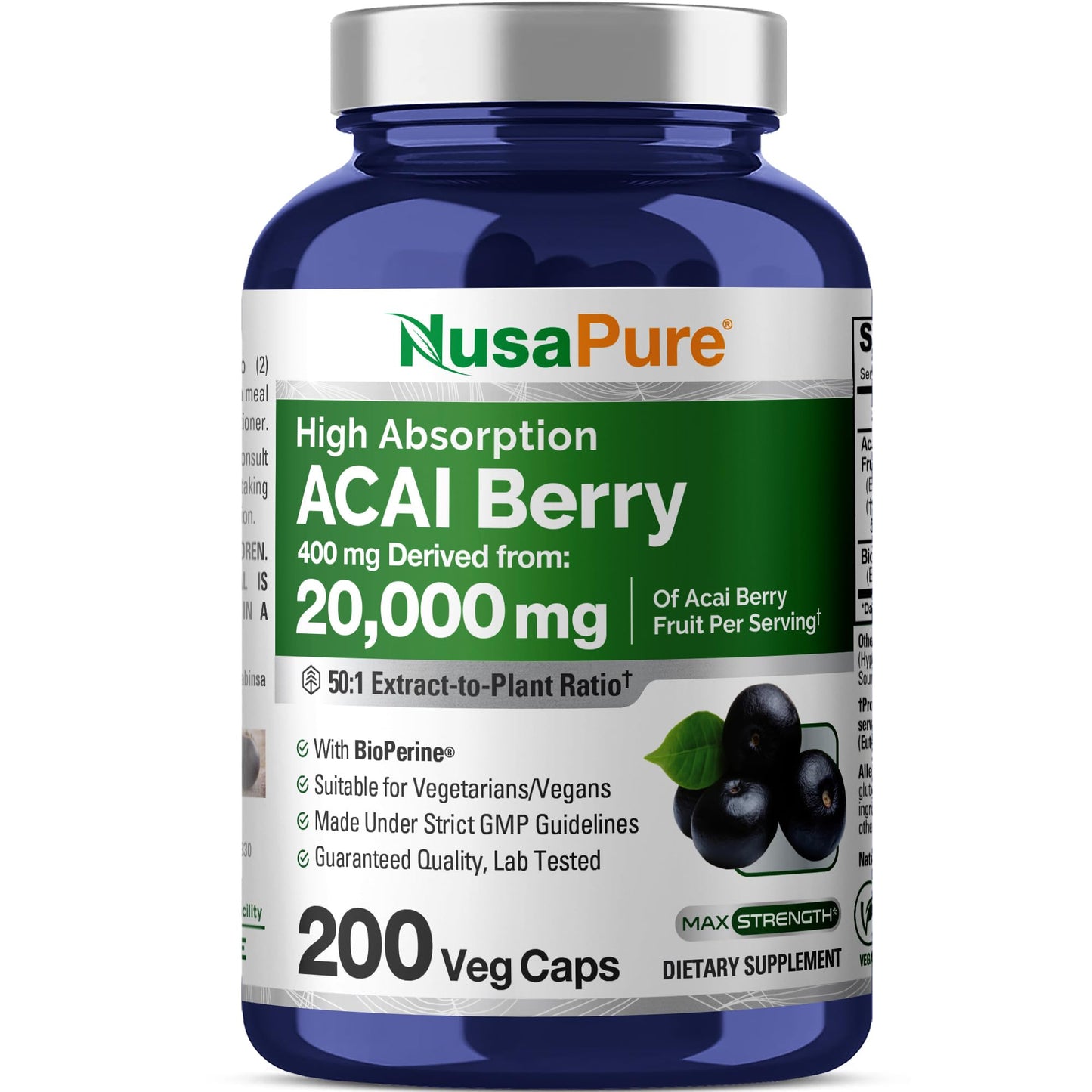 NusaPure Acai Berry 50:1 Extract – 20000 mg per Serving, 200 Veggie Capsules