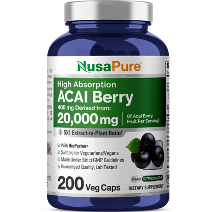 NusaPure Acai Berry 50:1 Extract – 20000 mg per Serving, 200 Veggie Capsules