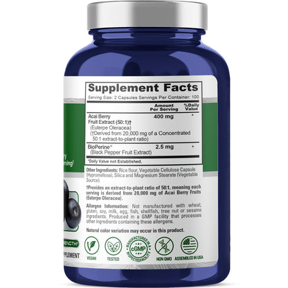 NusaPure Acai Berry 50:1 Extract – 20000 mg per Serving, 200 Veggie Capsules