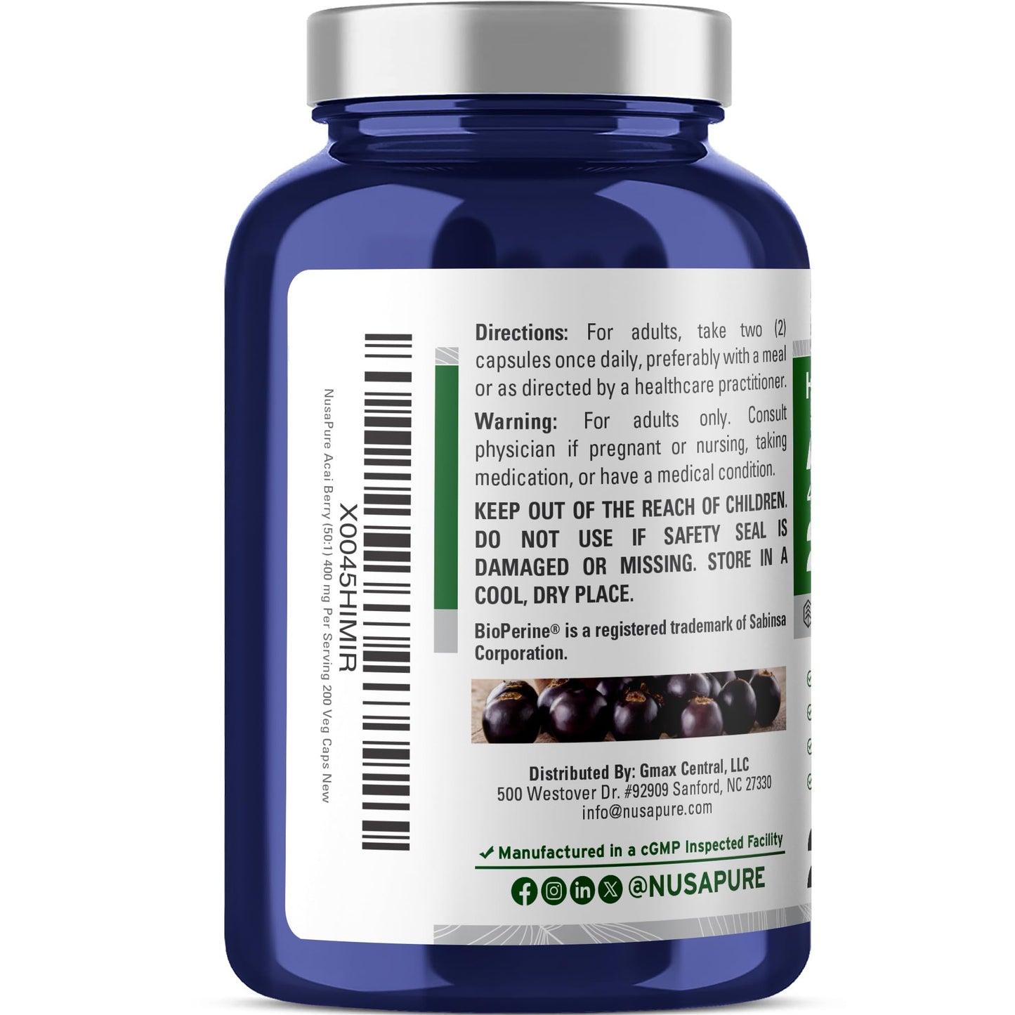 NusaPure Acai Berry 50:1 Extract – 20000 mg per Serving, 200 Veggie Capsules