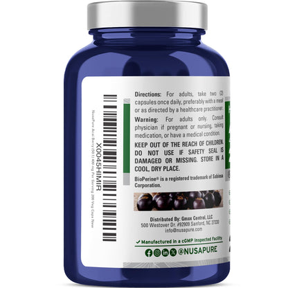NusaPure Acai Berry 50:1 Extract – 20000 mg per Serving, 200 Veggie Capsules