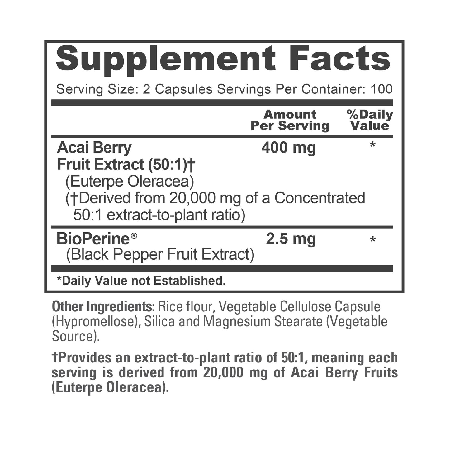 NusaPure Acai Berry 50:1 Extract – 20000 mg per Serving, 200 Veggie Capsules