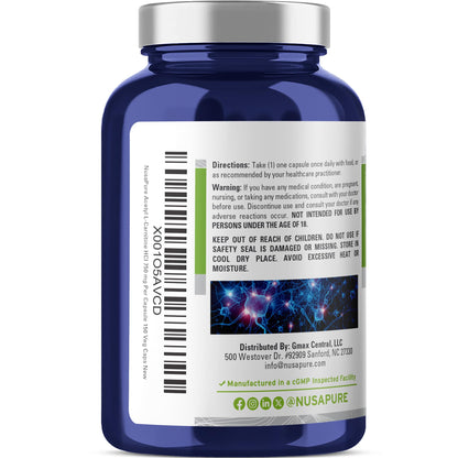 NusaPure Acetyl L-Carnitine 750mg Veggie Caps - 150 CT Non-GMO, Vegan