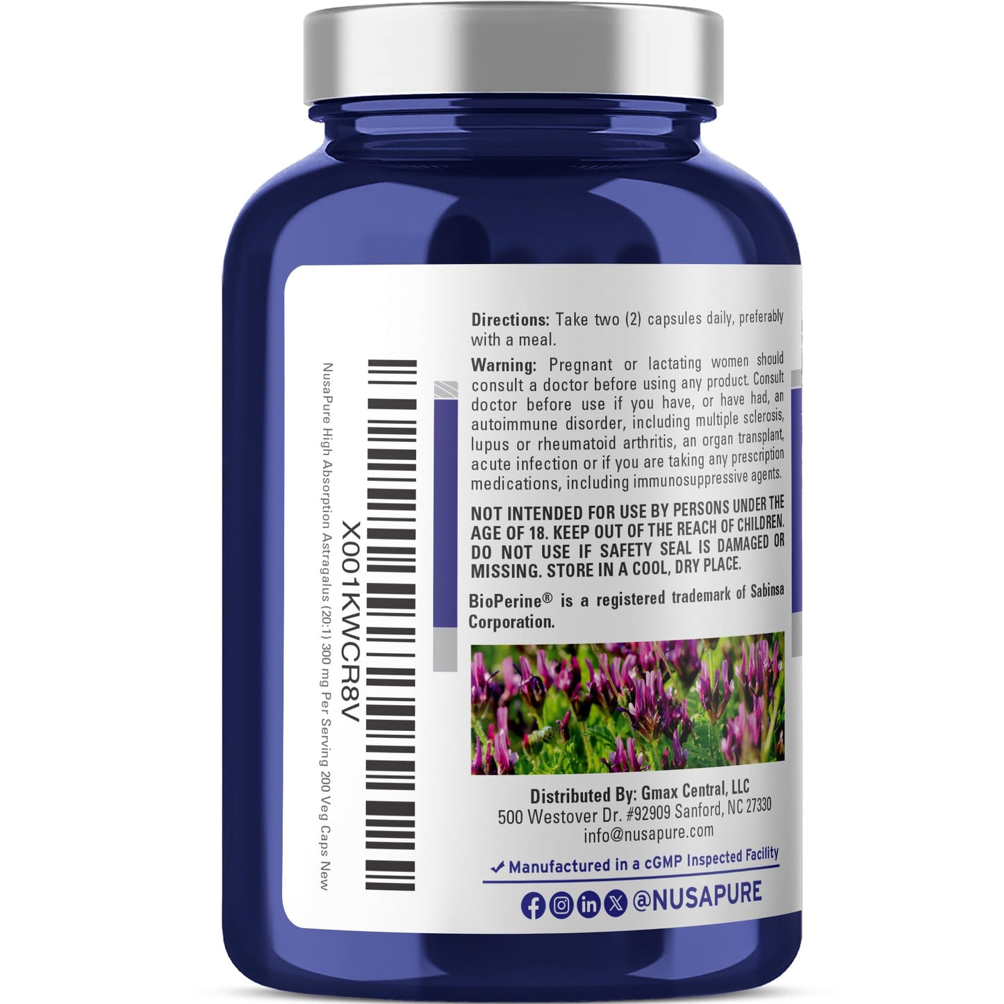 NusaPure Astragalus 20:1 Extract - 6,000mg per Serving, 200 Veggie Capsules, Non-GMO & Bioperine