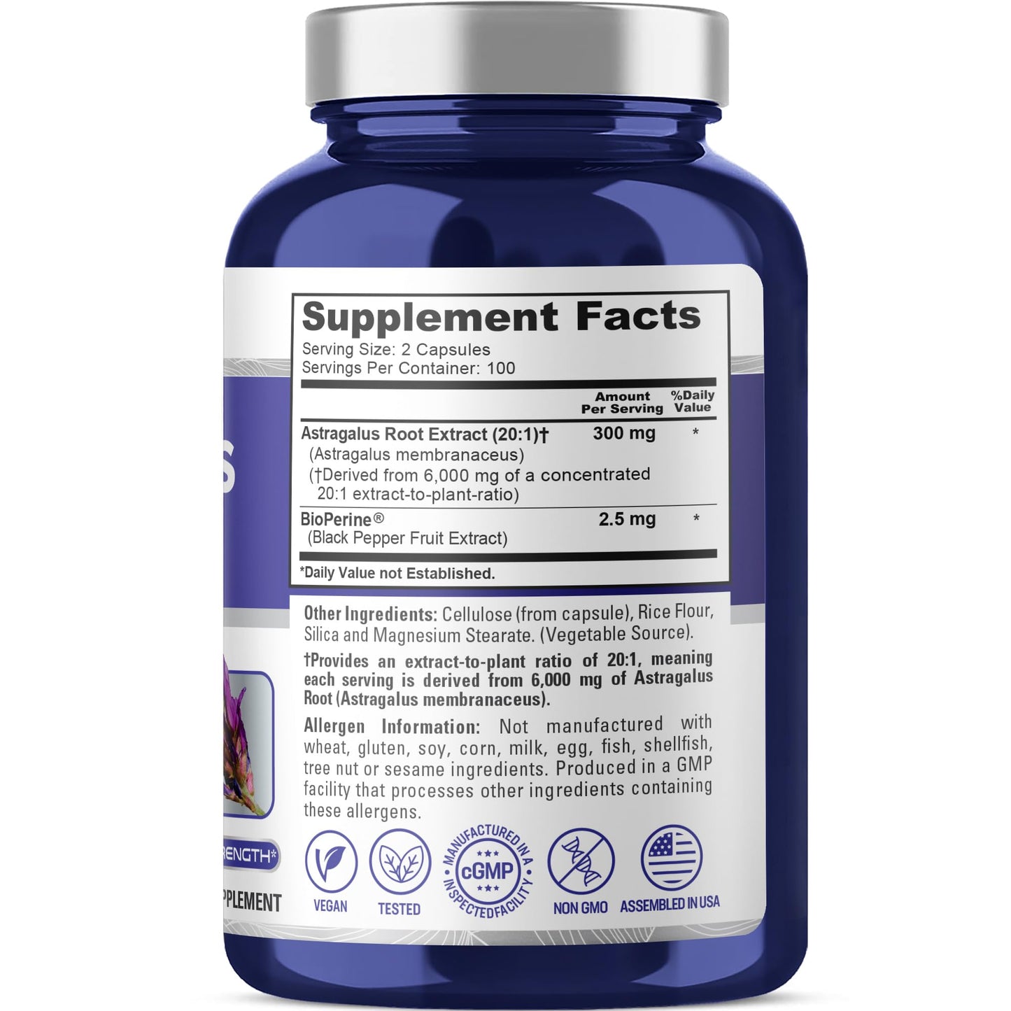 NusaPure Astragalus 20:1 Extract - 6,000mg per Serving, 200 Veggie Capsules, Non-GMO & Bioperine