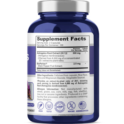 NusaPure Astragalus 20:1 Extract - 6,000mg per Serving, 200 Veggie Capsules, Non-GMO & Bioperine