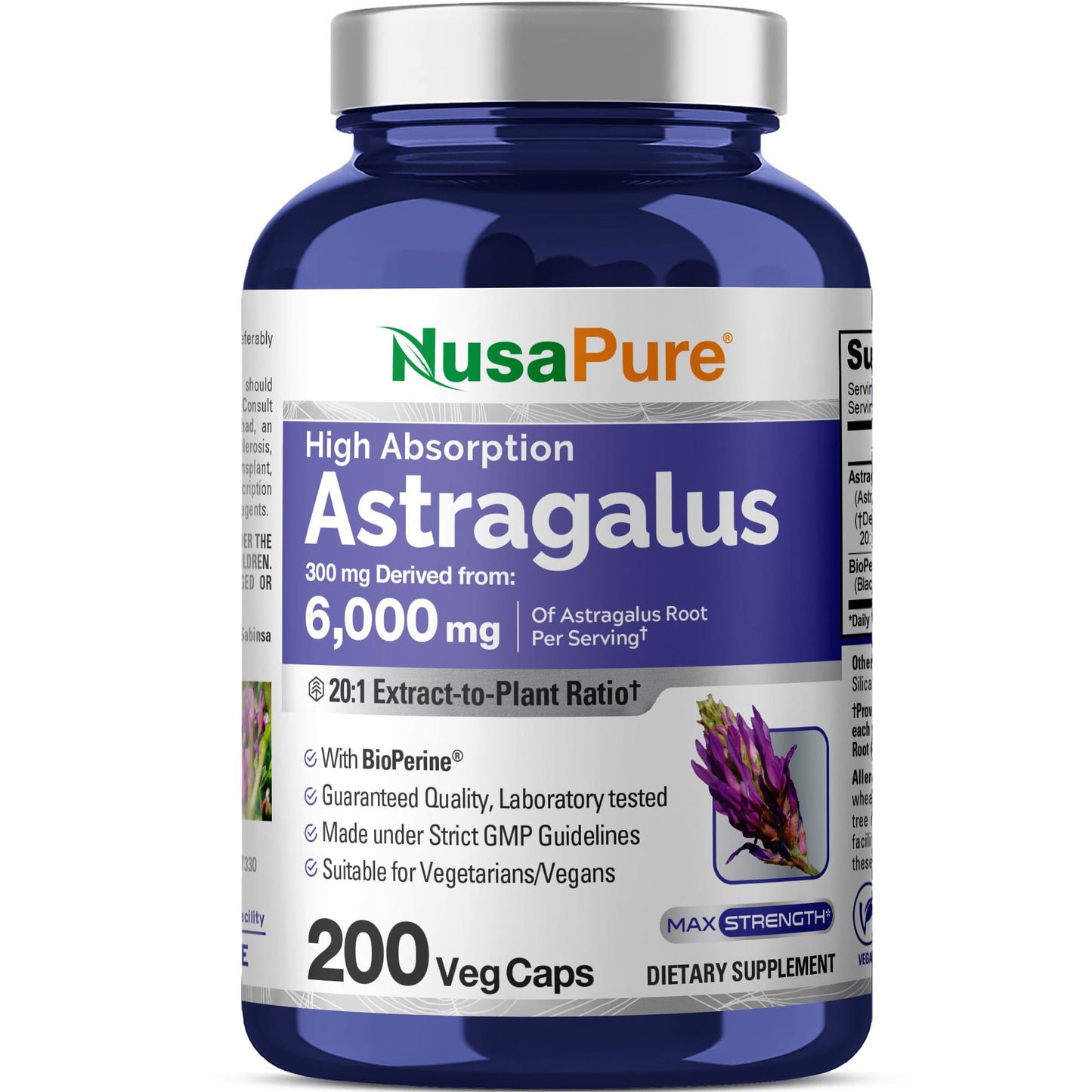 NusaPure Astragalus 20:1 Extract - 6,000mg per Serving, 200 Veggie Capsules, Non-GMO & Bioperine